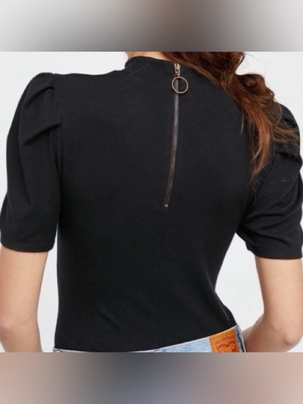 Free People Black Puff Sleeve Mock Neck Top with Back Zip Small - Picture 2 of 6